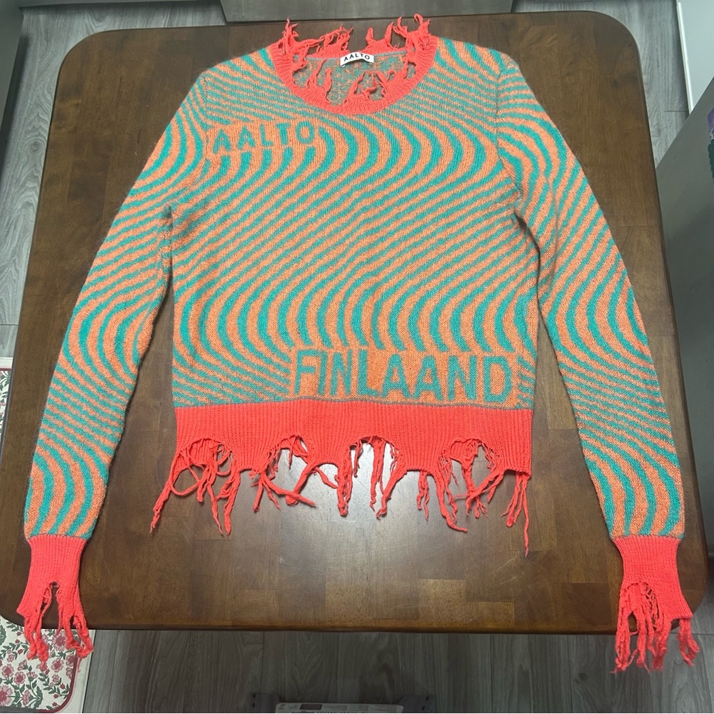 AALTO Distressed Wave Finlaand Mohair Blend Sweater in Turquoise & Coral Size S
